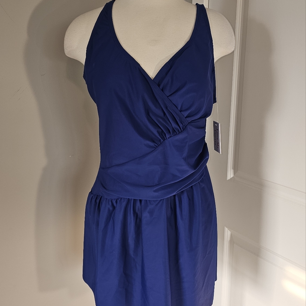 Love My Curves Solid Blue One Piece Swimdress Swimsuit Sz 18/ 2X Style 420- NWT
